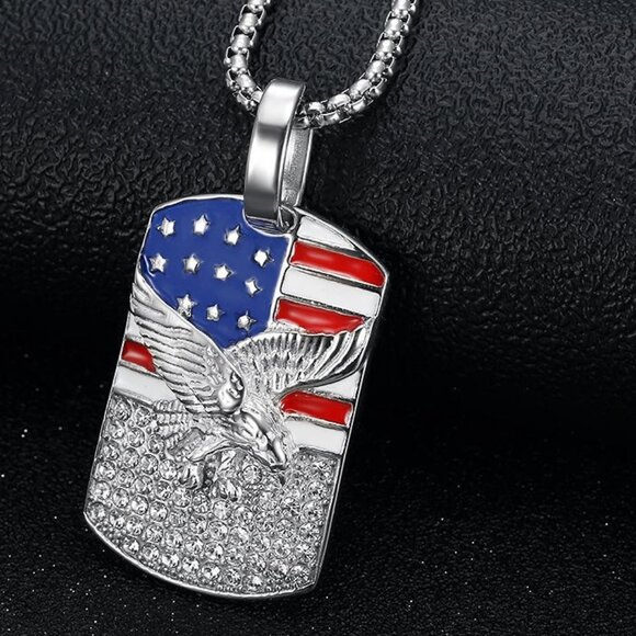 Silver American Flag Eagle Dog Tag Pendant Stainless Steel Patriotic Necklace - Picture 1 of 6